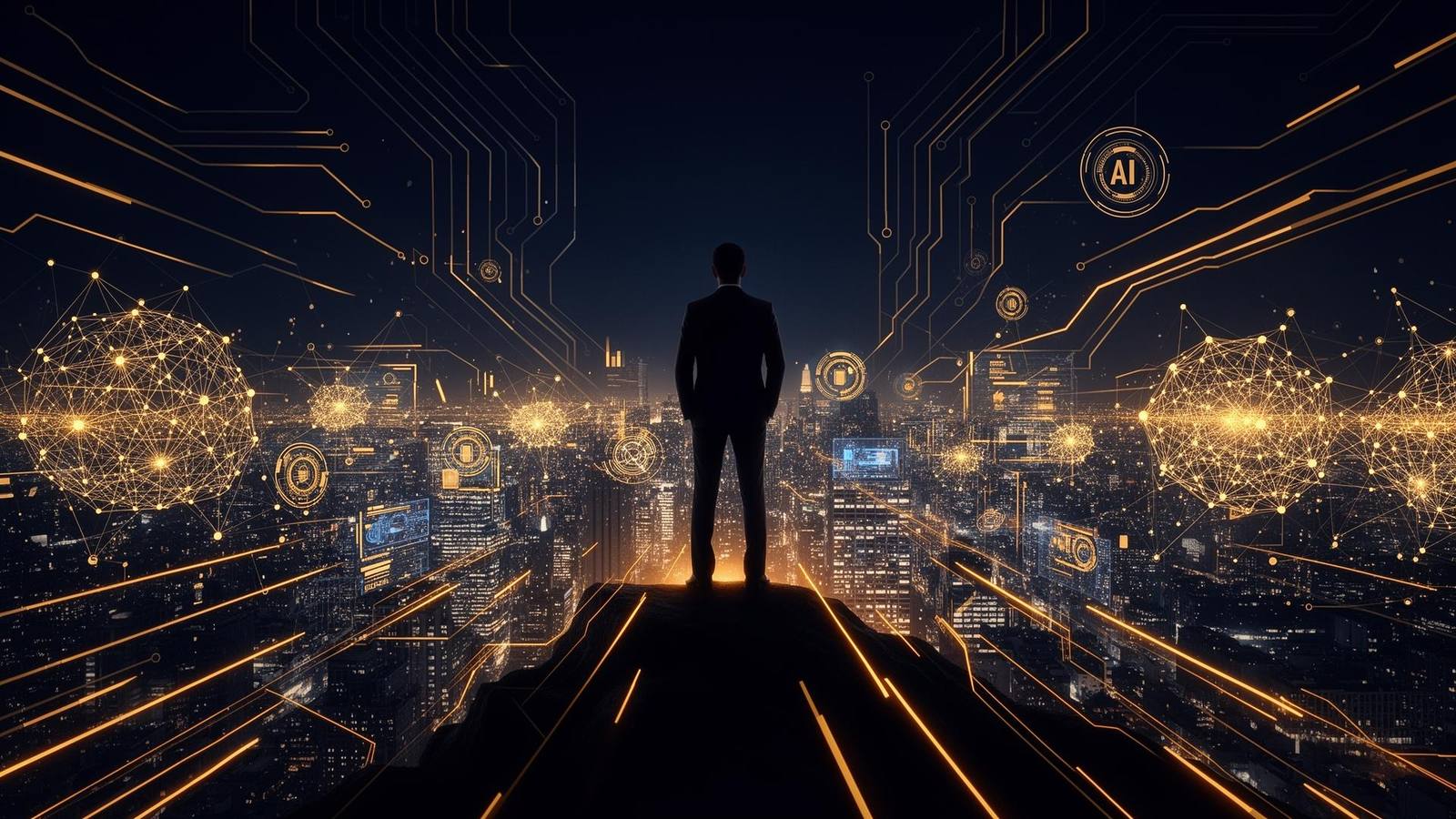 Executive walking through a data-lit city at night, representing AI strategy decisions for mid-market CEOs